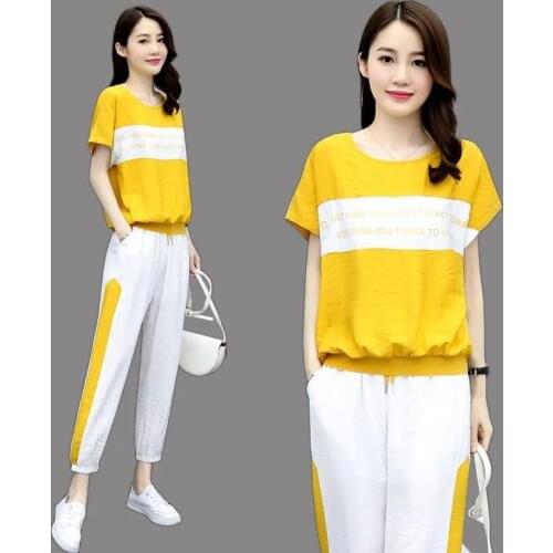 Plus Size 4XL Summer Sports Pant Suits Women Top+Trousers Sets Femme O Neck T-Shirt+Pants New Two-Piece Set Woman High Waist