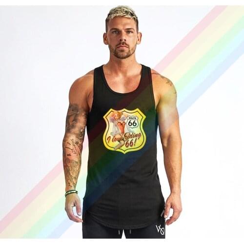 Route 66 Sexy Blonde Woman Logo Brand Gym Clothing Bodybuilding Cotton Tank Tops For Men Summer Singlet Sleeveless Plus Size