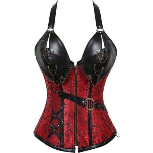 Sexy 14 Spiral Steel Boned Steampunk Overbust Bustiers Halter PU Leather Gothic Punk Corset Zip Up Burlesque Basque Costume