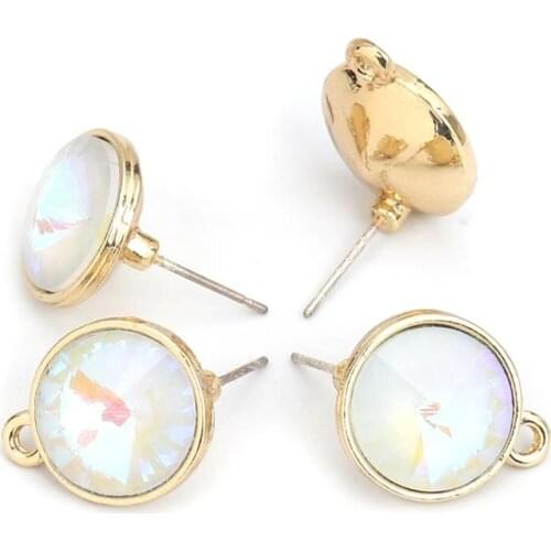8Seasons Zinc Based Alloy & Resin Ear Post Stud Earrings Findings Round Gold White AB Color DIY Charms W/ Loop 17 x 14mm,4 PCs