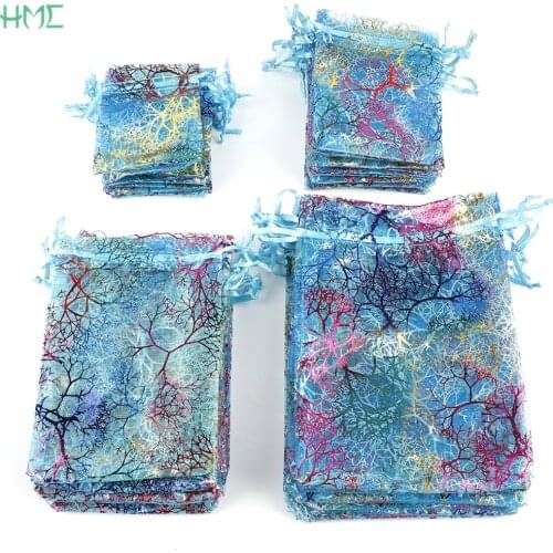 50pcs 7*9/9*12/10*15/13*8cm White Blue Drawstring Organza Packaging Display Bags For DIY Jewelry Wedding Party Gift Pouches