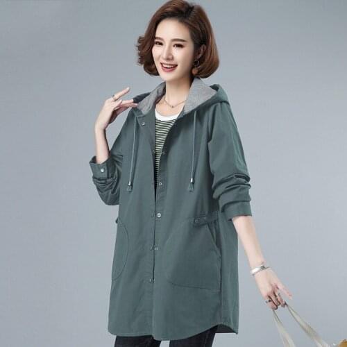 Female windbreaker 2021 New Spring Autumn Loose Mothers Cotton Hooded Outwear Plus size Casual Mid-length Trench coat Clothing
