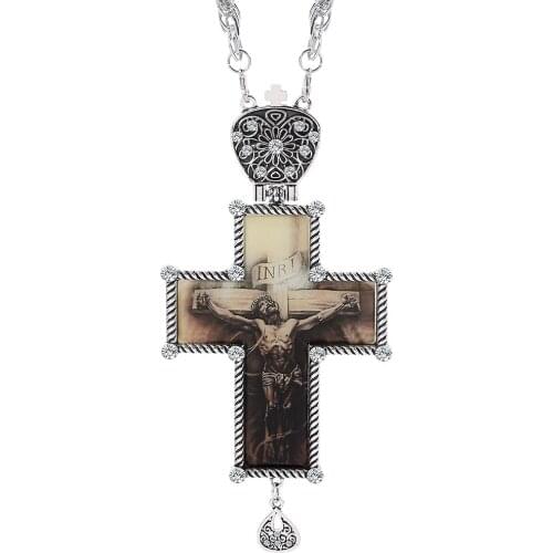 Vintage Silver Plated Pectoral Cross Necklace Religious Jewelry Jesus Crucifix Cross Pendant Necklaces Men Women Prayer Gift