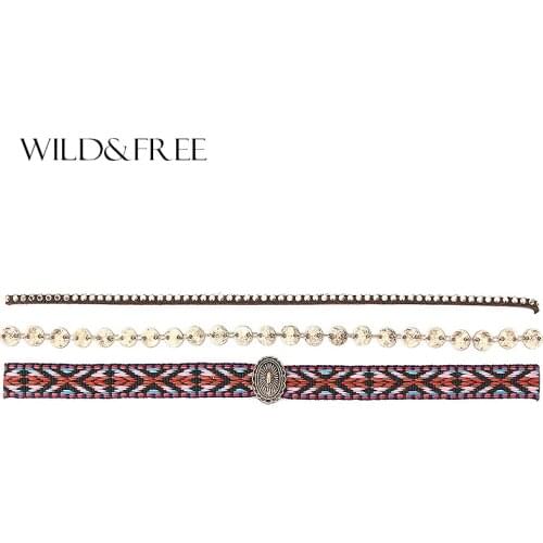 WILD & FREE Women 3pcs Fabric Suede Choker Necklace Vintage Zinc Alloy Antique Gold Chain Boho Fashion Women Choker Jewelry