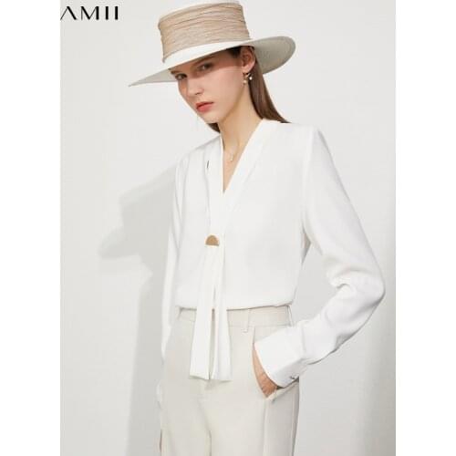 Amii Minimalism Summer Womens Blouse Elegant V Neck Chiffon Blouses For Women Office Lady Long Tie Shirts Vintage Tops 12140760