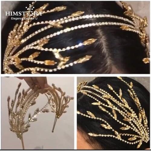 HIMSTORY Vintage Leaves and vine Bridal Headband Gold Headpiece Crystal Hair Chain Branch Wedding Hair Accessories