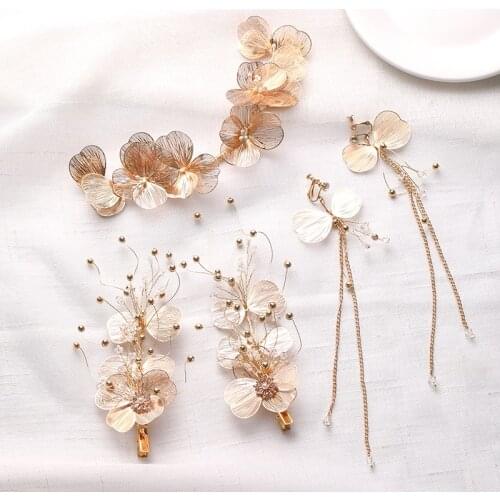 4 Pcs Sets Headbands Flower Gold Hairgrips Tassel Earrings For Women Bridal Hair Accessories Pearls Handmade Fashion Jewelry