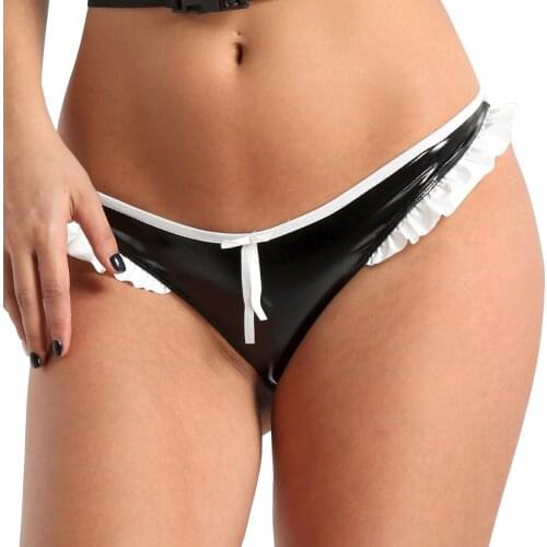 Womens Wet Look Faux Leather Underpants Ruffled Lace Trim Bikini Briefs Low Rise Elastic Waistband Underwear Lingerie Panties