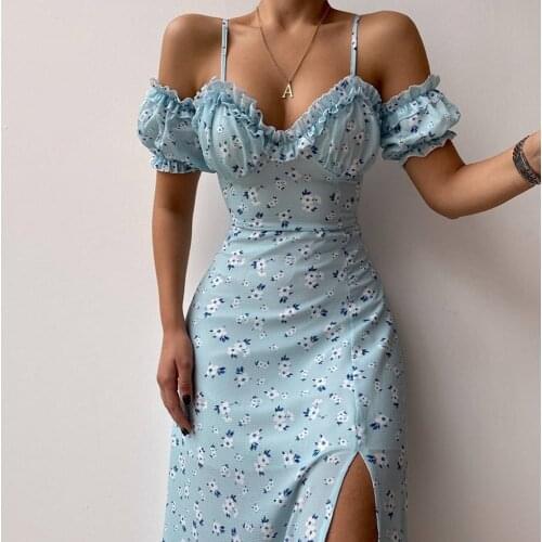 Women sukienka floral print long dress sexy off shoulder short puff sleeve split midi dresses for women elegant chic dresses