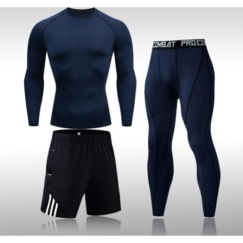 3pcs Mens Solid Color Workout Sports Suit Gym Fitness Compression Clothes Running Jogging Sport Wear Exercise Workout Tights