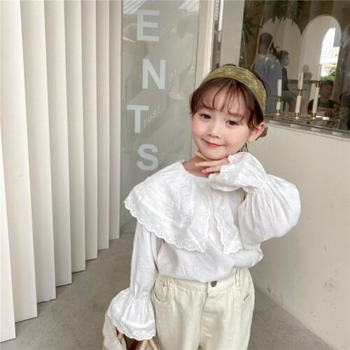 Spring autumn girls big turn-down collar collar jacquard blouses 2-7 years cotton white long sleeve shirts Tops