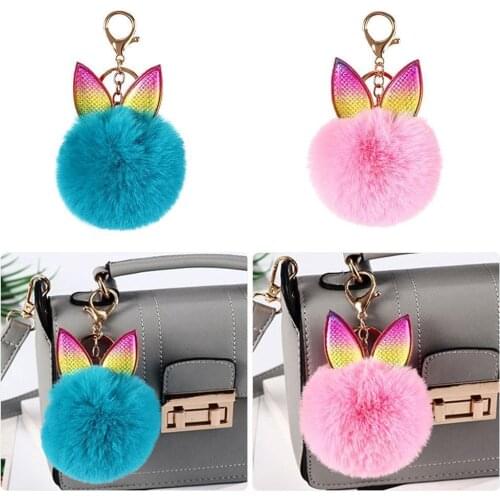 Multicolor Hair Ball Keychain Diy Jewelry Pendant Pu Leather Ear Keychain Pendant Animal Hair Ball Keychain Wholesale
