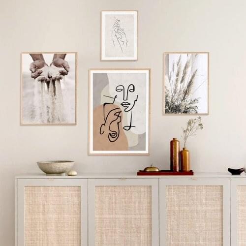 Trendy Beige Boho Style Sketch Figure Abstract Canvas Painting Wall Art Picture Living Room Home Interior Decoration No Frame