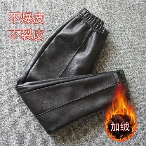 Girls leather pants 2021 new winter plus velvet thick pu leather trousers childrens foreign air loose casual pants tide