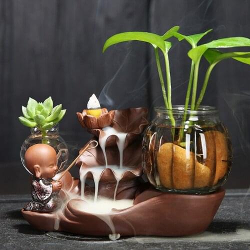 Creative The Lovely Little Monk Buddha Censer Backflow Incense Burner Lotus Leaf Ceramics Garden Home Office Decoration