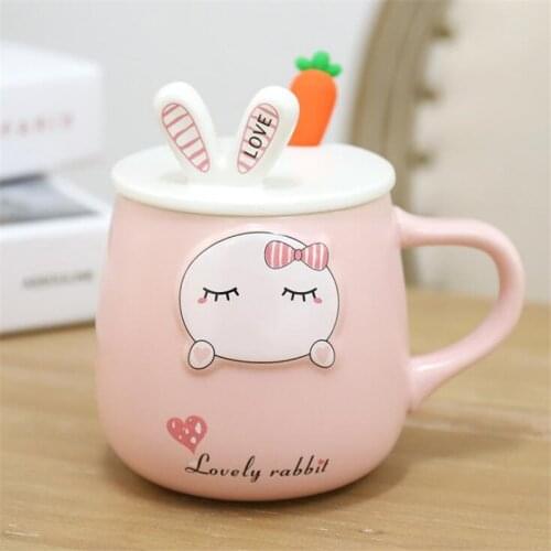 500ML Creative Cute Bunny Mug Girls Korean Style Cartoon Cute Spoon With Lid Rabbit Ears Personality Home Milk Breakfast Cup