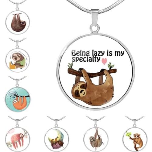 Sloth Photo Crystal Cabochon Glass Pendant Necklace Being Lazy Is My Specialty Fashion Jewelry Valentines Day Gift