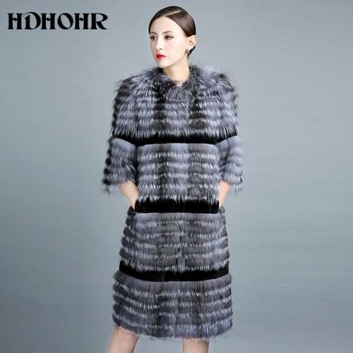 HDHOHR 2020 Silver Fox Fur Coat Winter Warm Real Fur Coats for Women Knitted Fur Jackets Long Style Natural Fur Outerwear Coats