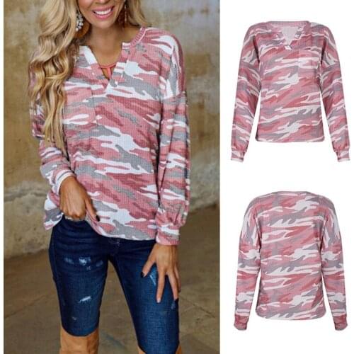 Kili Womens Fashion Camouflage Printed Long Sleeve V-Neck Pocket Casual Top Pink