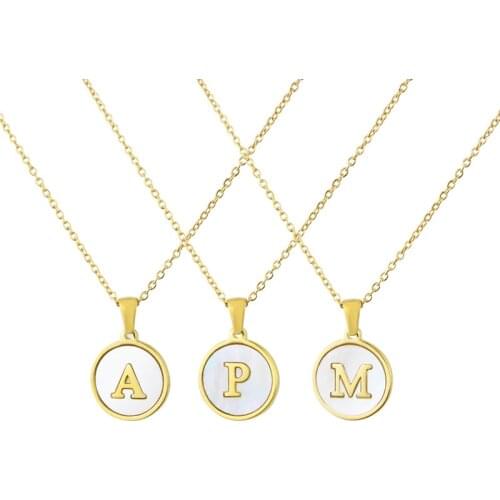 Stainless Steel Necklace Round Shell 26 Letter Necklace Simple Golden Fashion Titanium Steel Pendant Feminine Charm Jewelry