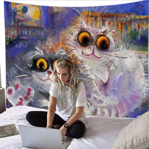 Cartoon Cute Animal Cat Pattern Printed Hanging Tapestry Decor Dorm Background Wall Oil Painting Tapestry Living Room Decorative