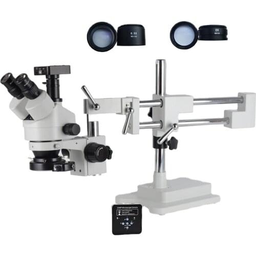 21Mp USB Industry Microscope Camera 3.5X-90X Simul Focal Digital Double Boom Stand Trinocular Stereo Microscope 144PC Light