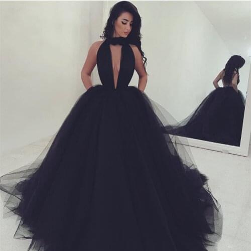 Sexy Black Backless Halter Long Prom Dresses 2021 Robe De Mariee Ball Gown Deep V-Neck Party Dress Evening For Women