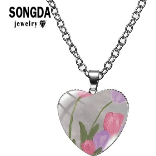 SONGDA Heart Necklace Pink Tulip of Good Wishes Photo Series Heart Pendant Glass Surface Metal Chain Elegant Women Jewelry Gift