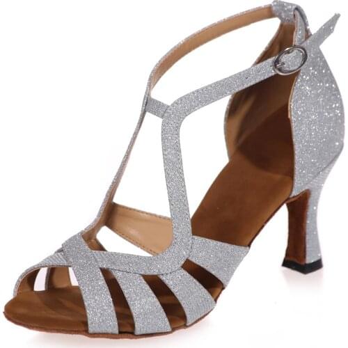 Sexy lady latin dance shoes glitter girls ballroom professional Salsa tango party dancing sandals 7.5cm heels silver gold red