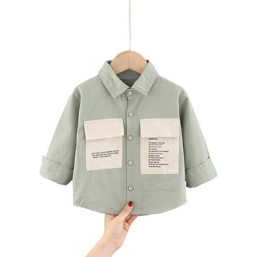 Spring and Autumn Children Clothing Boys Girls Long Sleeve Top Baby Solid Color Wear Turn-down Collar Shirt with Letter Pockets