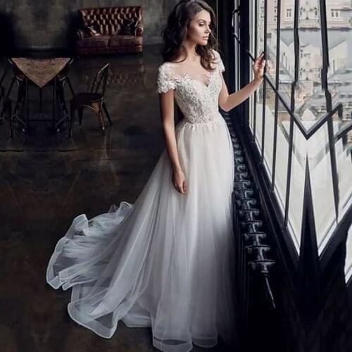 Vintage Layered Tulle Wedding Dress Short Sleeve Applique Boho Vestido De Casamento Tanya Organza Wedding Bridal Dress Plus Size