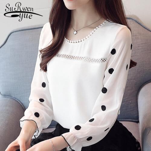 Long Sleeve Women Blouse Shirt Fashion 2021 Chiffon Womens Clothing Sweet O-neck Black Dot White Feminine Tops Blusas D383 30