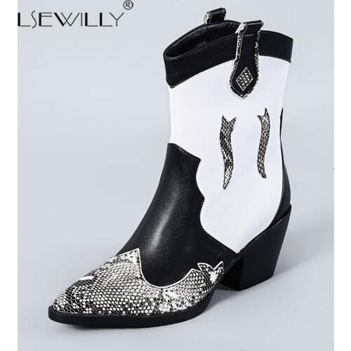 Lsewilly Autumn 2019 Snake Print Western Cowboy Boots for Women Pointed Toe Thick Heel Block Heels Ankle Boot Womens Shoes