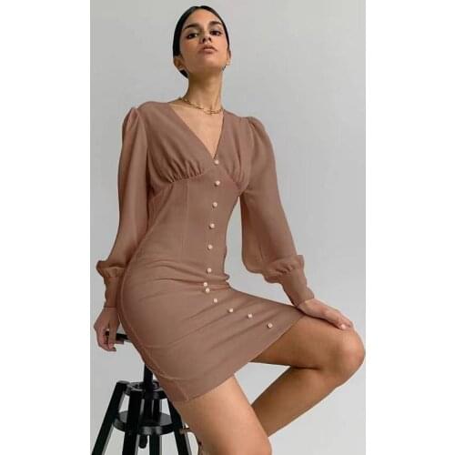 Autumn New Products Ladies Dress Long-sleeved Satin Drape Temperament V-neck Solid Color Ashion Waist Skirt Woman Clothing WE376