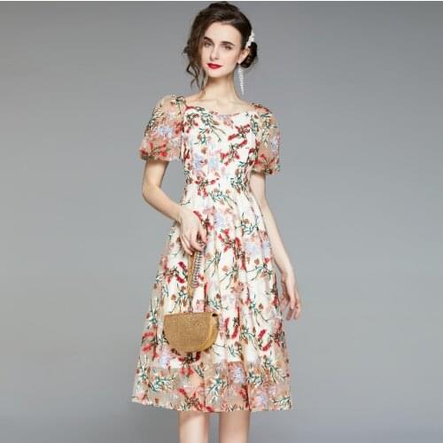 JSXDHK Luxury Summer Mesh Holiday Beach Dress High Quality Women Floral Embroidery Tulle Square Collar Puff Sleeve Party Dress