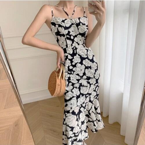 Korean Style Vintage Sexy Strap Sleeveless Midi Party Club Dress Ladies Elegant Coffee Break Casual Floral Female Beach Dress