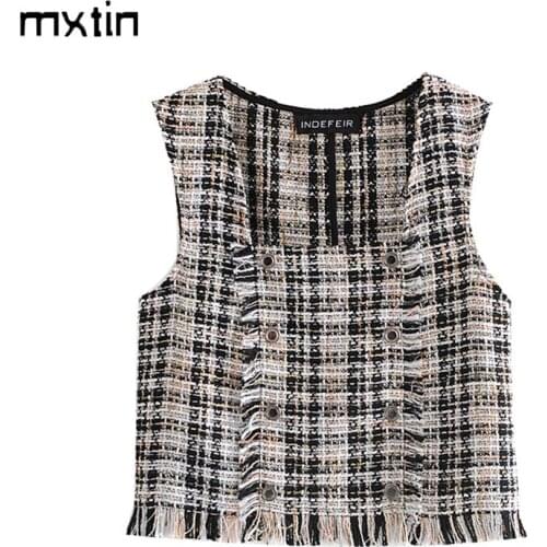 2021 Women Vintage Sweet Fashion Frayed Tassel Tweed Plaid Waistcoat Square Collar Sleeveless Female Vest Outerwear Chic Tops
