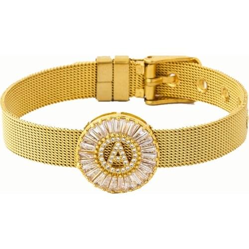 26PCS/Lot Adjustable Stainless Steel Watch Belt Bracelet Bangle Copper CZ Initial 26 Letters Name Bracelets Jewelry For Women