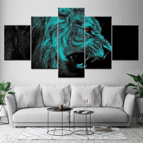 HD Printed Painting Decor Framework Canvas Art Home Decorative Animal Poster 5 Panel Roar Red Eye Lion Wall Art Pictures