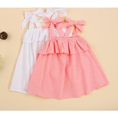 2021 1-6Y Sweet Kids Girls Dress Summer New Solid Color Sleeveless Ruffle Bow Strappy A-line Sundress Holiday Toddler Clothes