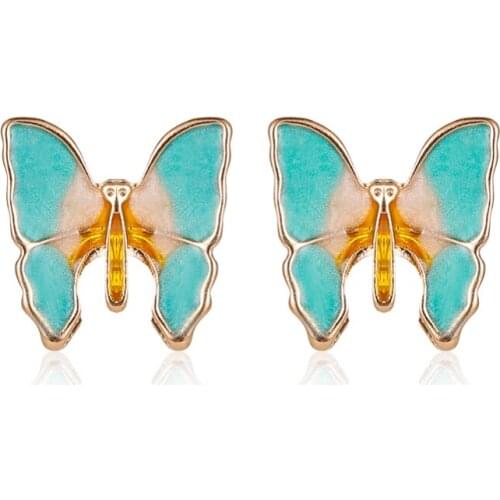 Aesthetic Retro Butterfly Blue Pink Wing Golden Edge Charm Alloy Stud Earrings For Jewelry Accessories