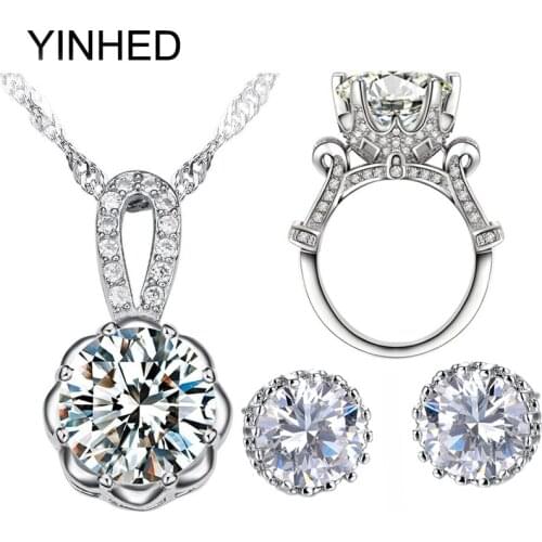 YINHED 925 Sterling Silver Bridal Jewelry Sets 4CT Big CZ Diamant Stud Earrings Necklace Ring Sets Women Wedding Jewelry ZS045