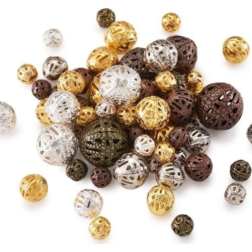 100pcs Mixed Style Iron Filigree Beads Round Loose Spacer Hollow Beads for Jewelry Makings Mixed Color 6-16mm Hole: 0.5-1mm