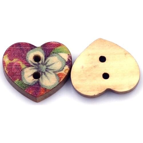 20PCS Flower Painting Heart Wooden Sewing Buttons 2 Holes DIY Crafts Scrapbook Clothes Gift Decor Knitting Accessories 18x15mm