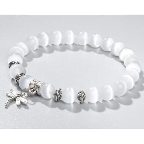 8mm white Cat Eye stone Beads Bracelet with Lucky dragonfly Dog claw butterfly Pendant Charms Strand Bracelets For Women female