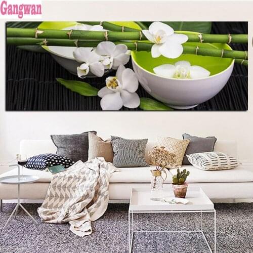 Large Green Bamboo white Orchid 5d diy diamond embroidery sale diamond painting full square round drill mosaic home decoration