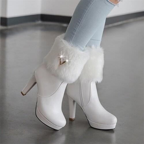 YMECHIC Fashion Sweet High Heel Boots Female Pink White Faux Fur Womens Party Bride Shoes Woman Footwear High Heels Ankle Boots