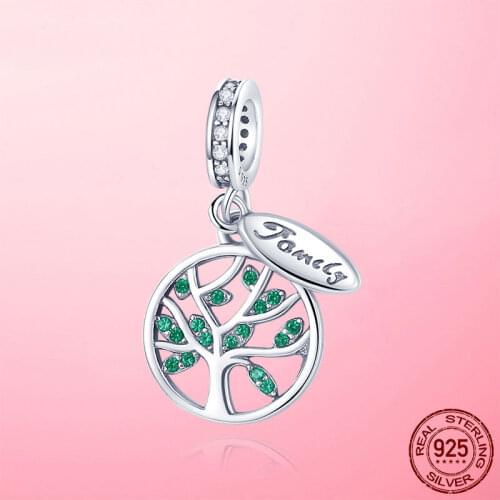 Family Tree Charms Pendant 925 Sterling Silver Green CZ Family Tree Charm Beads fit Original Pandora Bracelet Necklace Jewelry