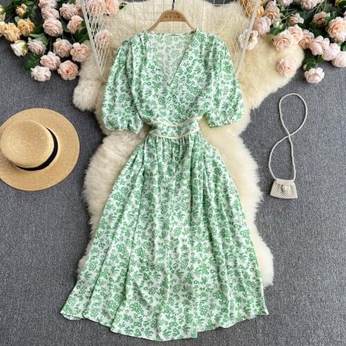 Croysier Casual Dresses For Women 2021 Elegant Belted Chiffon Midi Dress V Neck Short Puff Sleeve Floral Dress Women Summer