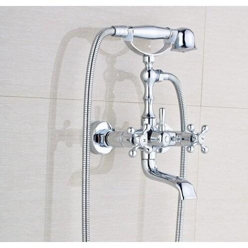 Chrome Brass Wall Mounted Bathroom Tub Faucet Set with 1.5M Handheld Shower Spray Head Bath Mixer Tap 2tf901